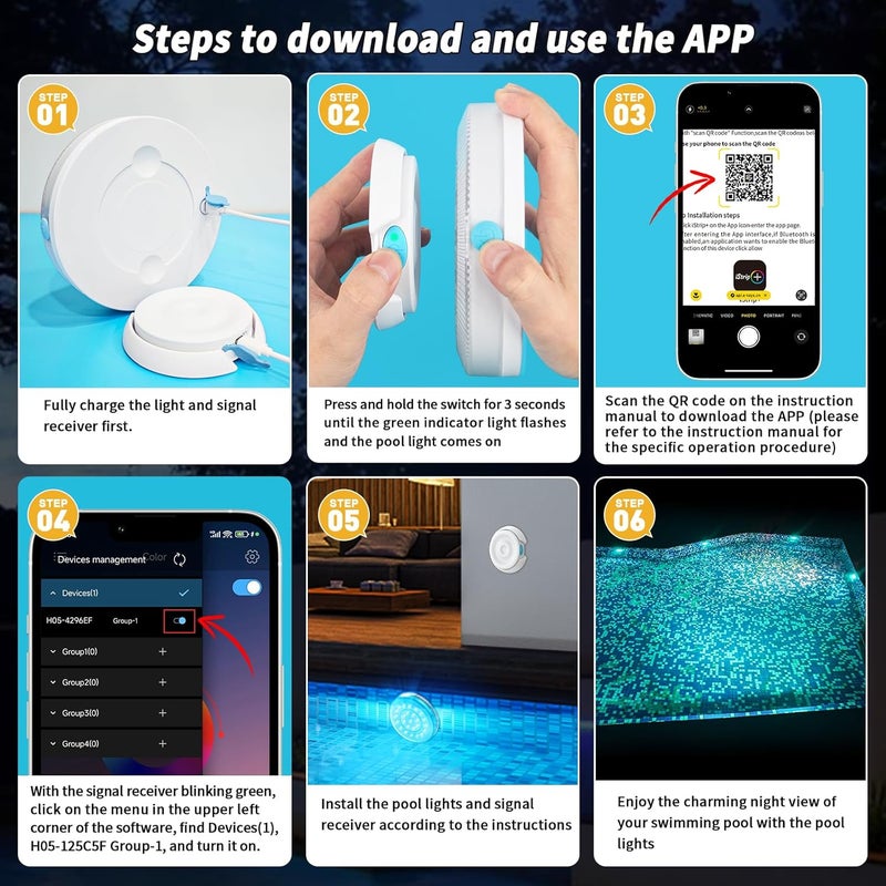 HOMLY Rechargeable Submersible Pool Lights with Wireless APP Control, Waterproof Underwater Smart LED Lights Controlled Multiple Lighting Modes, 4000mAh Magnets Lights for Multi Scene Pool Decoration - Image 2